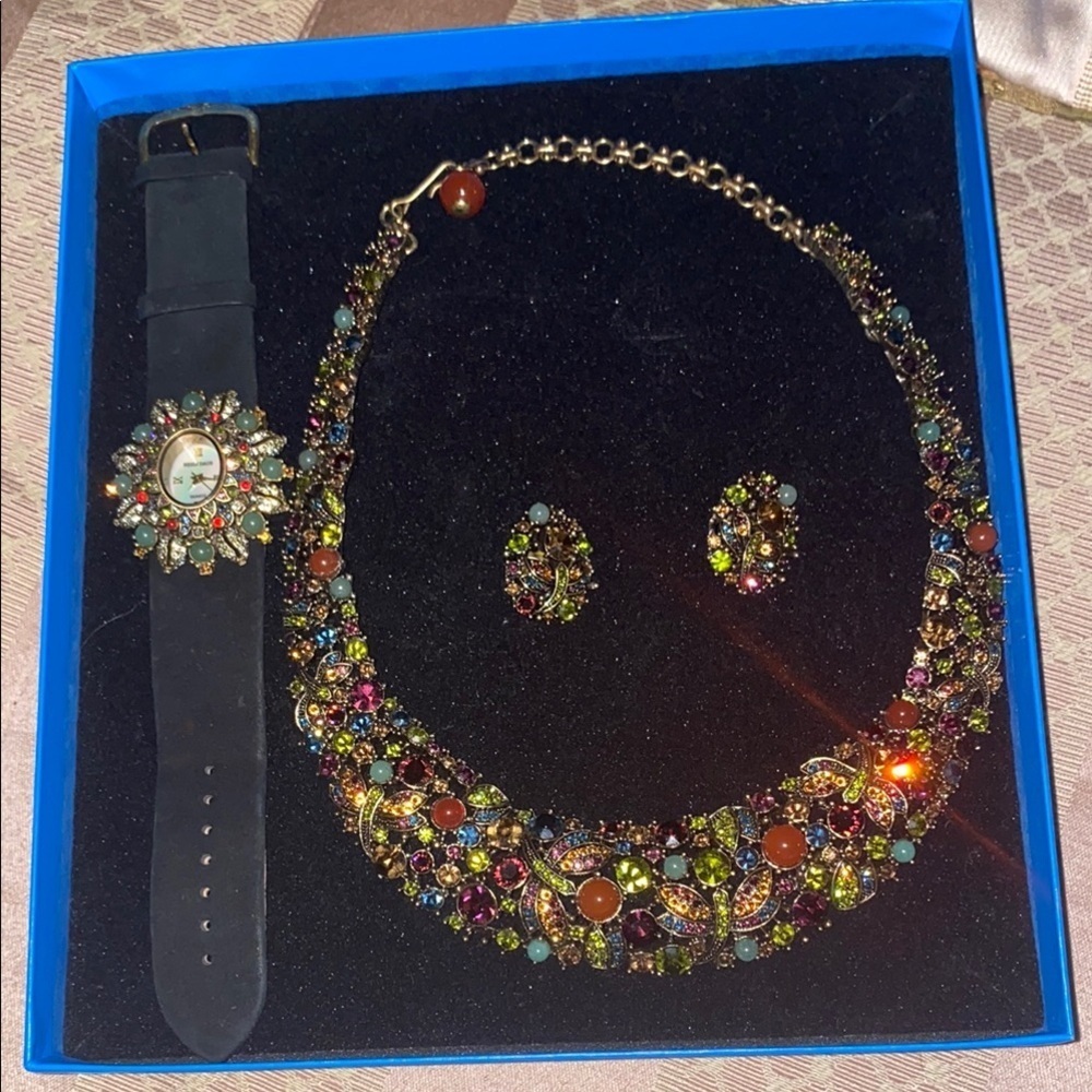 Heidi Daus Fantasy in Florals Rhinestones Necklace Ring & Watch Multicolor Set